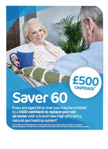 Happy elderly woman holding a blue cup sat on a sofa facing an elderly man, £500 cashback Saver 60 flyer
