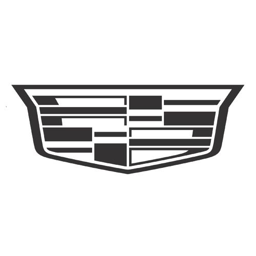 Cadillac emblem: a stylized crest with geometric shapes in black and gray.