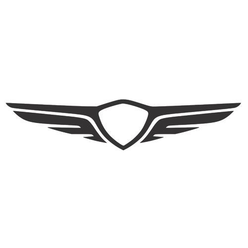 Black wing and shield emblem. The shield is in the center, with stylized wings extending outward on either side.
