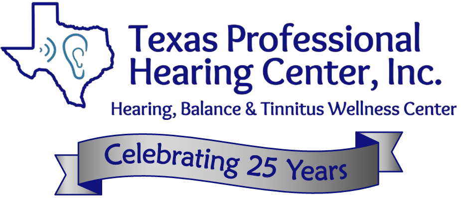 The logo for texas professional hearing center inc. celebrating 25 years