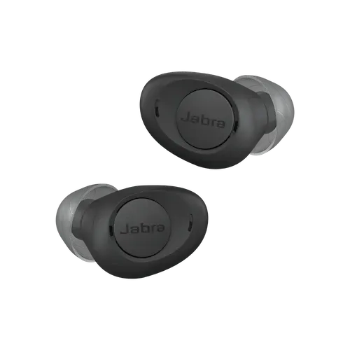 A pair of black jabra earbuds on a white background.