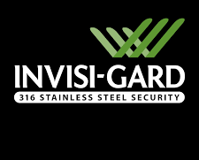 INVISI-GARD logo with green stylized bars and white text on a black background, “316 stainless steel security” below