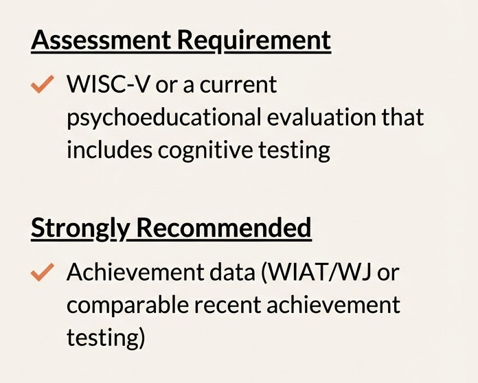Text outlining assessment requirements: WISC-V or psychoeducational evaluation with cognitive testing, achievement data is strongly recommended.