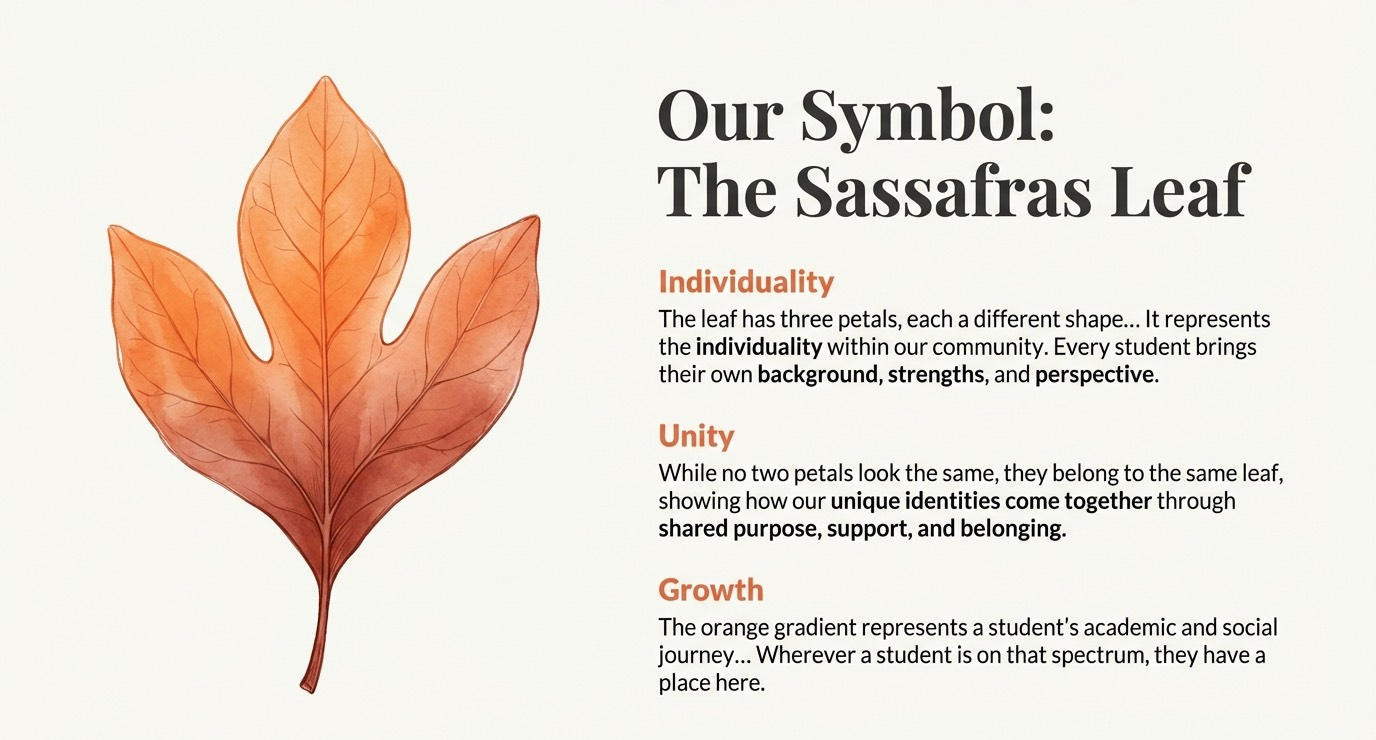 A sassafras leaf illustration with text about individuality, unity, and growth.