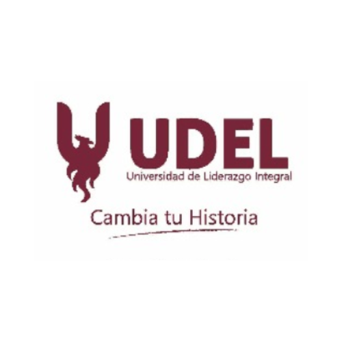 Logotipo de la UDEL (Universidad de Liderazgo Integral). Letra U estilizada color burdeos con un fénix, con el texto