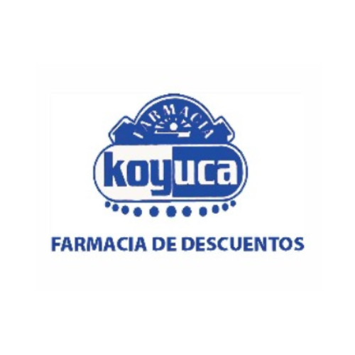 Logotipo de Farmacia Koyuca, con diseño azul y blanco. El texto dice