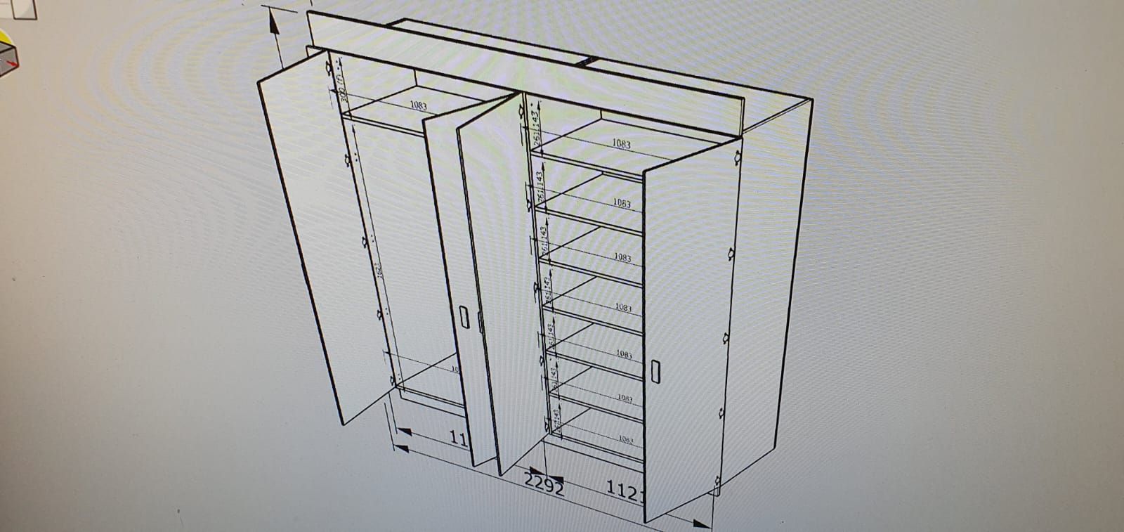 Eine Zeichnung eines Kleiderschranks mit offenen Türen
