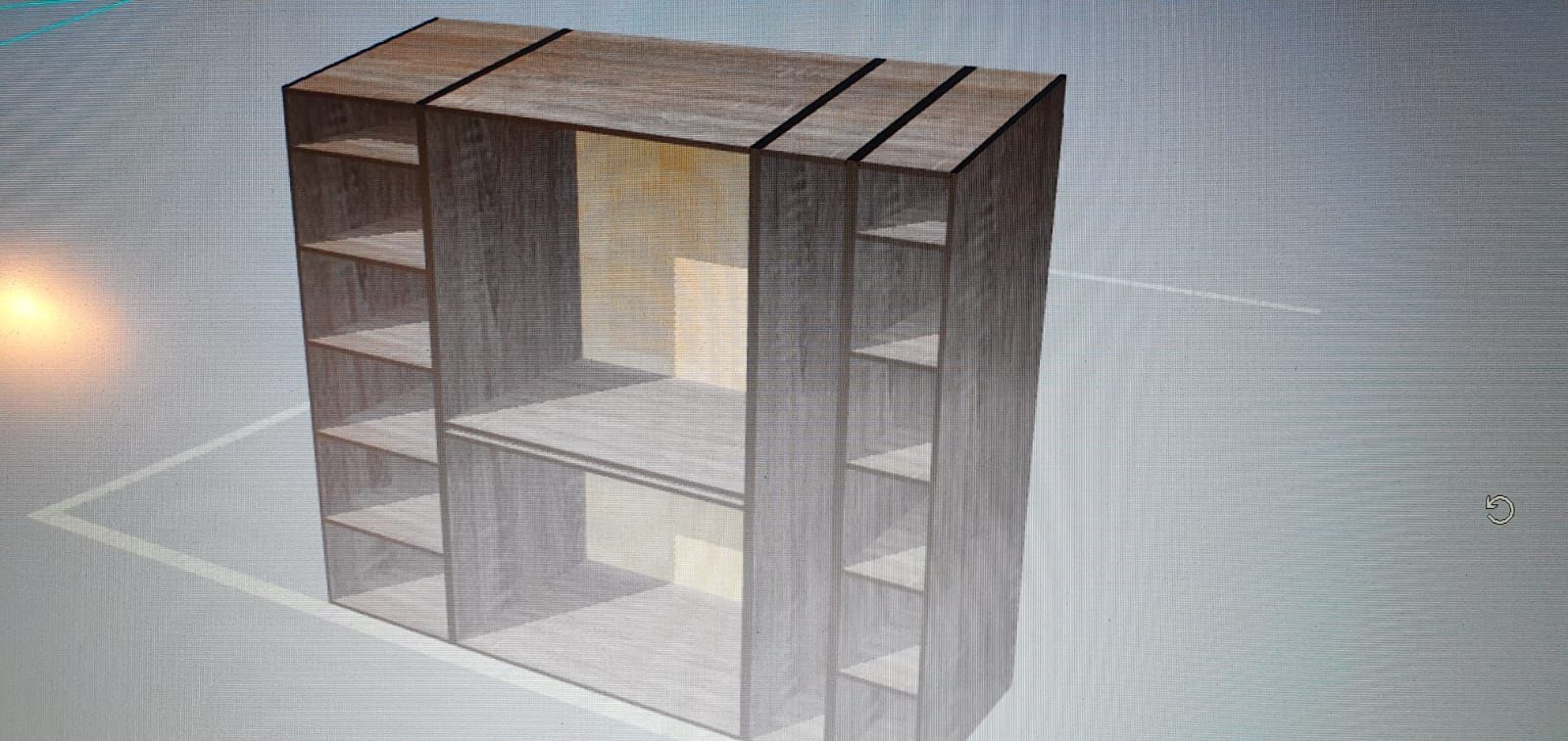 Ein computergeneriertes Bild eines Schranks mit Regalen und einer Tür.