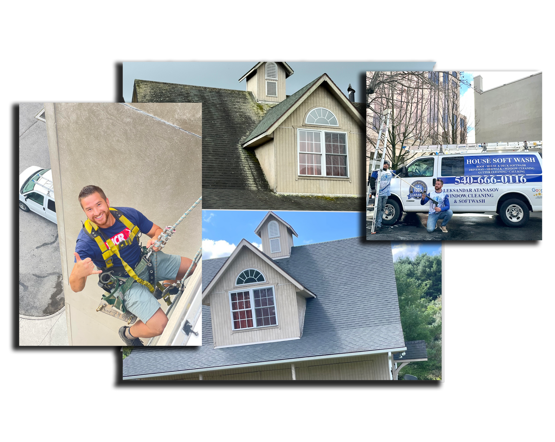 A collage of pictures shows a man climbing a building and a truck that says clear oil