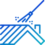 A blue icon of a broom sweeping a roof.