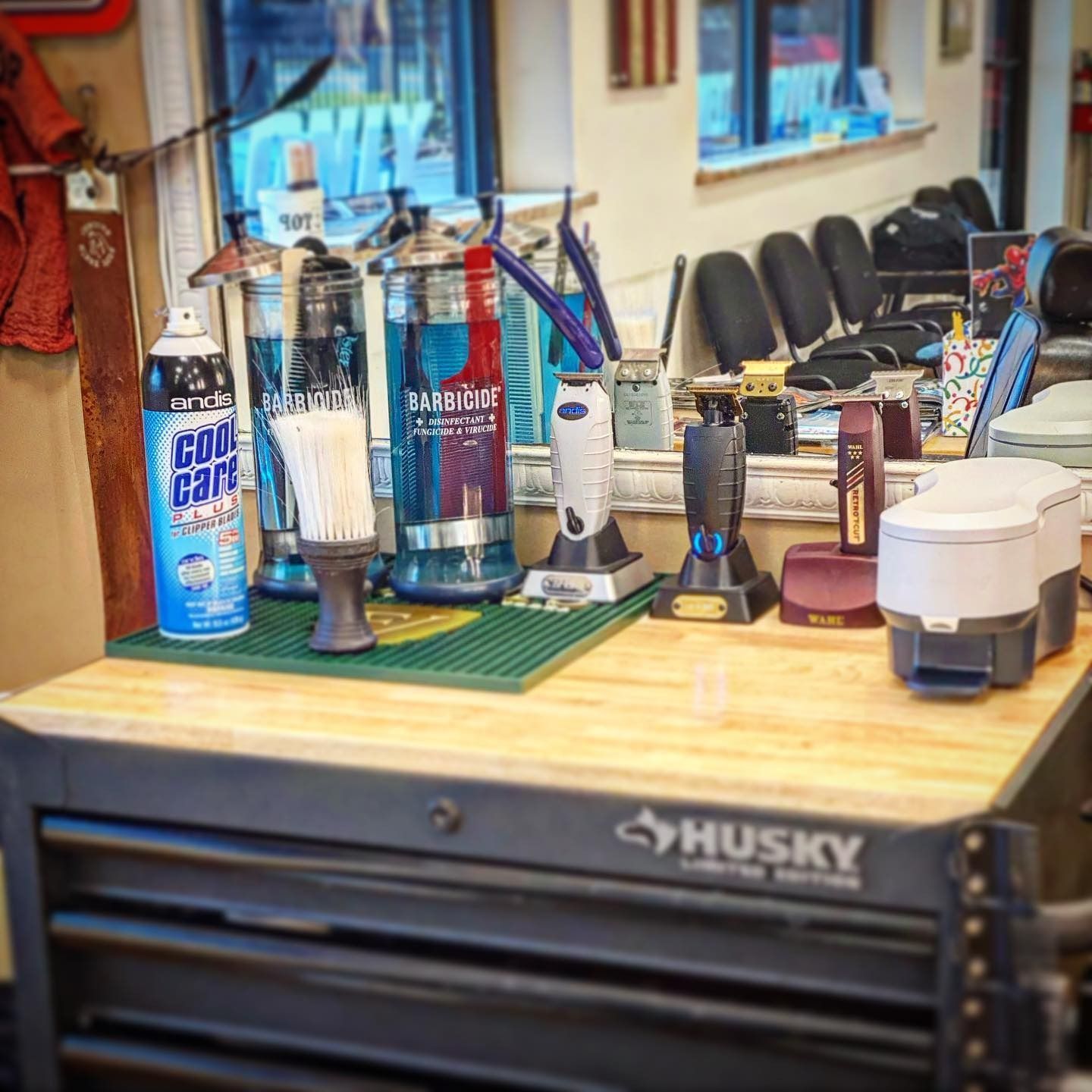 A husky toolbox with a bunch of tools on it