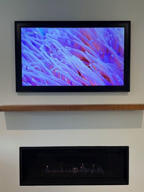 TV screen displaying purple underwater anemone, mounted above a wooden shelf and fireplace.