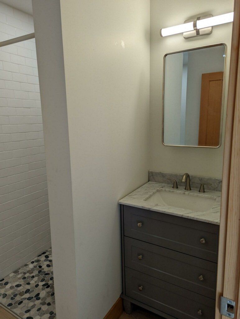 Bathroom with gray vanity, rectangular mirror, and a walk-in shower with mosaic tile floor.