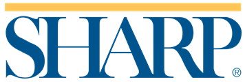 Logo of Sharp: blue wordmark with a gold bar above it.