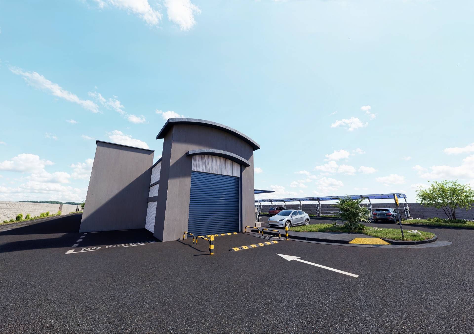 An artist 's impression of a garage with cars parked in front of it.