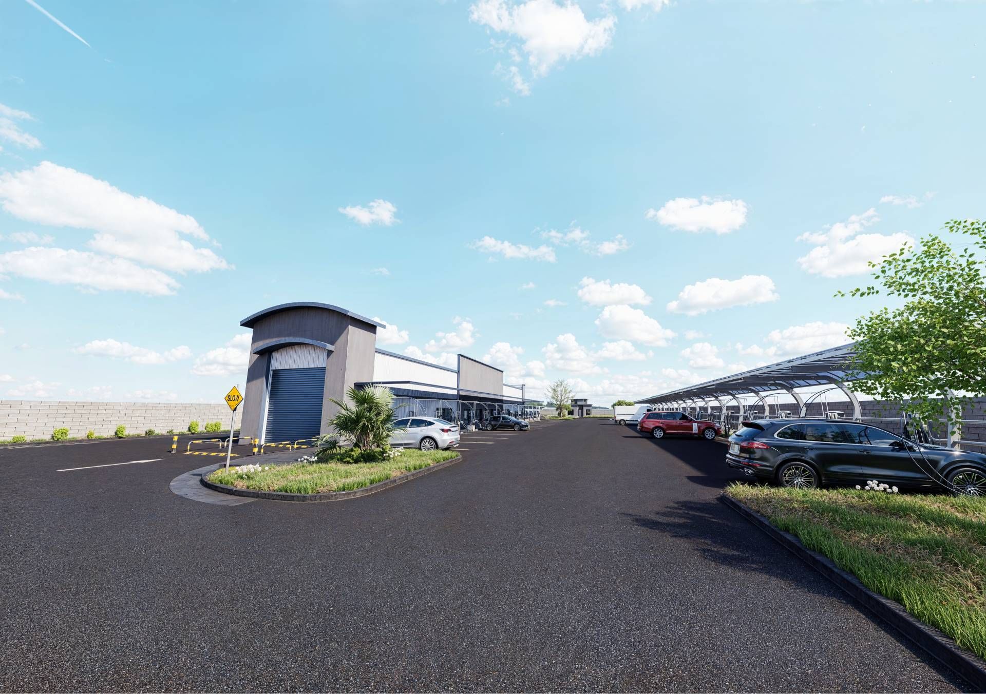 An artist 's impression of a parking lot with cars parked in it.