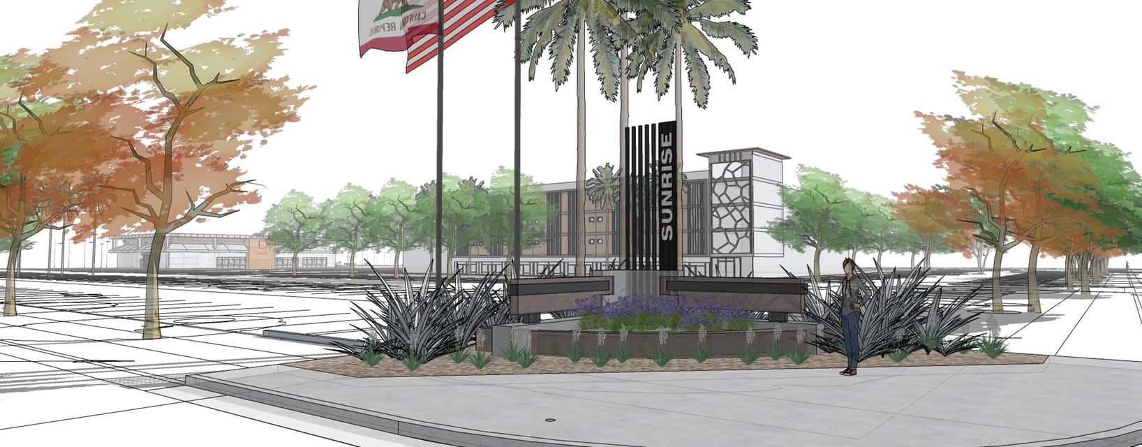 An architectural rendering of a monument, flags, and trees, with a person walking toward it on a paved path.