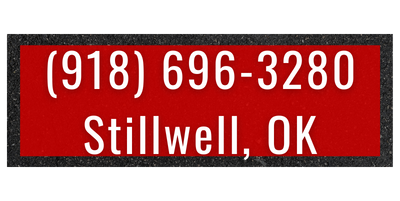 Red rectangle with white text: (918) 696-3280, Stillwell, OK, outlined in black.