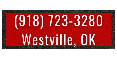 Red rectangle with white text: (918) 723-3280, Westville, OK, with a black border.