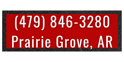 Red sign with white text. Shows phone number (479) 846-3280 and Prairie Grove, AR. Black border.