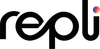 A black and white logo for a company called repli.