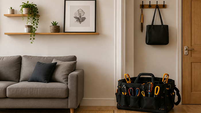 Cozy entryway with gray sofa, wall shelf decor, and black tool bags by the door