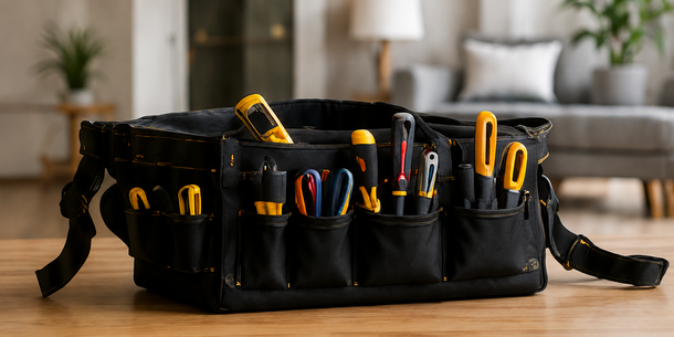 Black tool belt with yellow-handled tools on a couch, in a living room setting