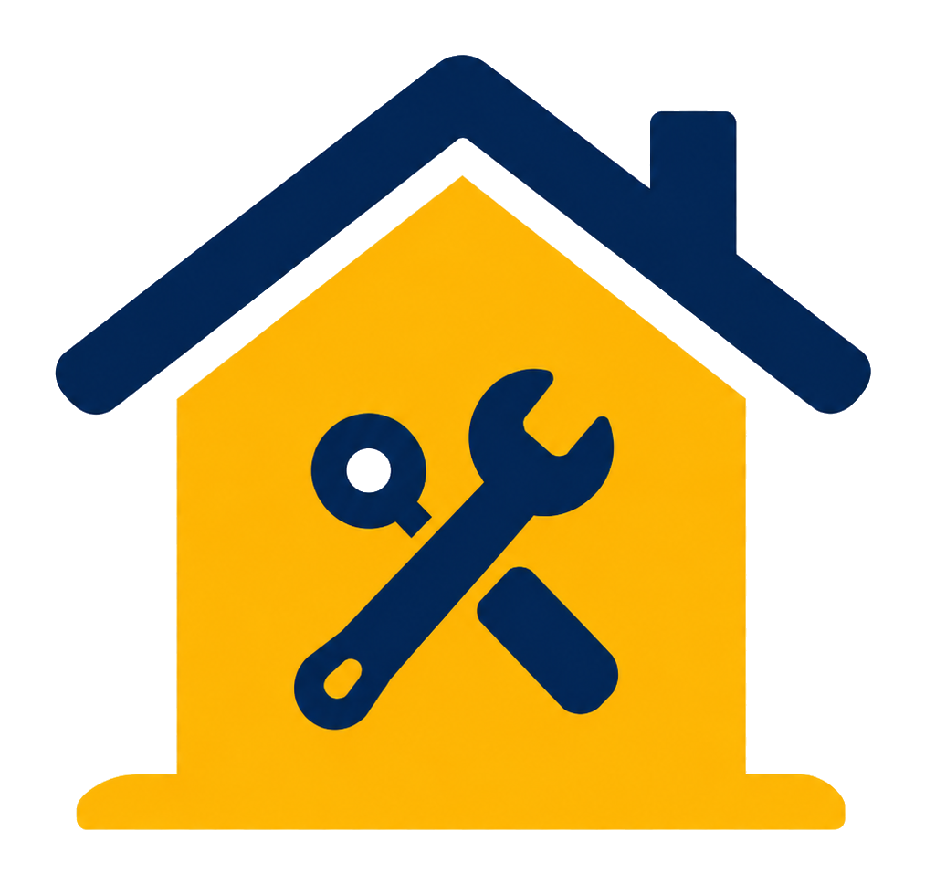 Yellow house with blue roof and crossed wrench and screwdriver icon for home repair services