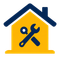 Yellow house with blue roof and crossed wrench and screwdriver icon for home repair services