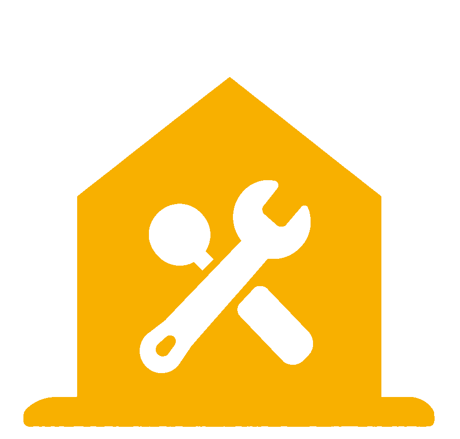 Yellow house with white wrench and screwdriver crossed inside, representing home repair or maintenance