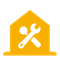 Yellow house with white wrench and screwdriver crossed inside, representing home repair or maintenance