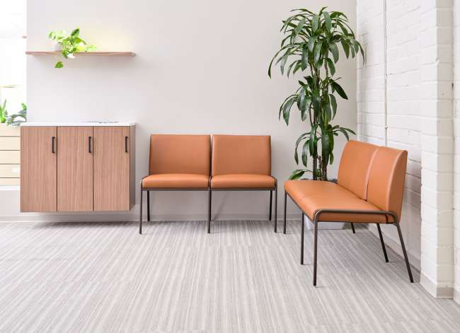 A waiting room with orange chairs and a plant.
