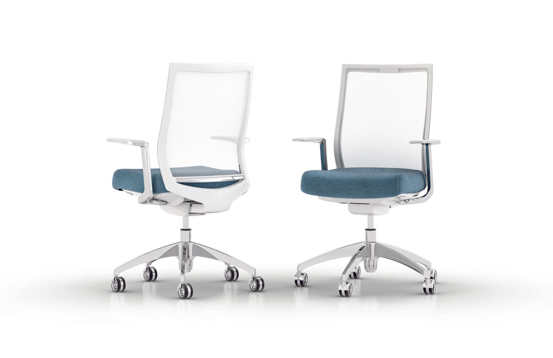 Two office chairs are sitting next to each other on a white background.