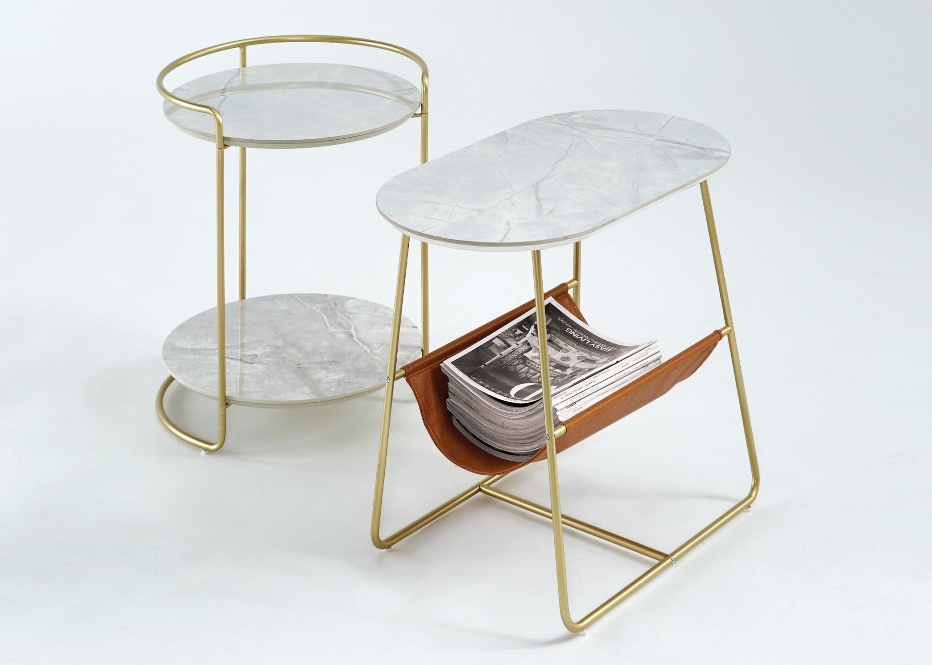 A side table with a magazine rack on top of it.