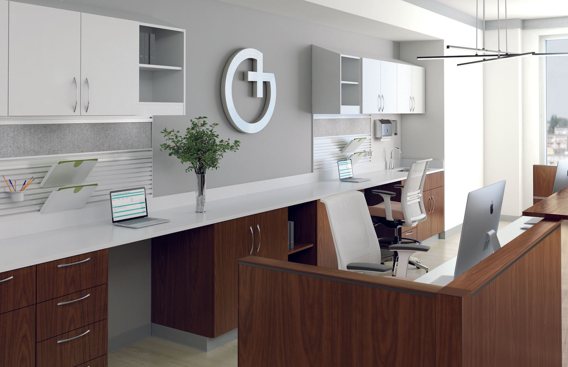 A reception area with a sign that says g on it