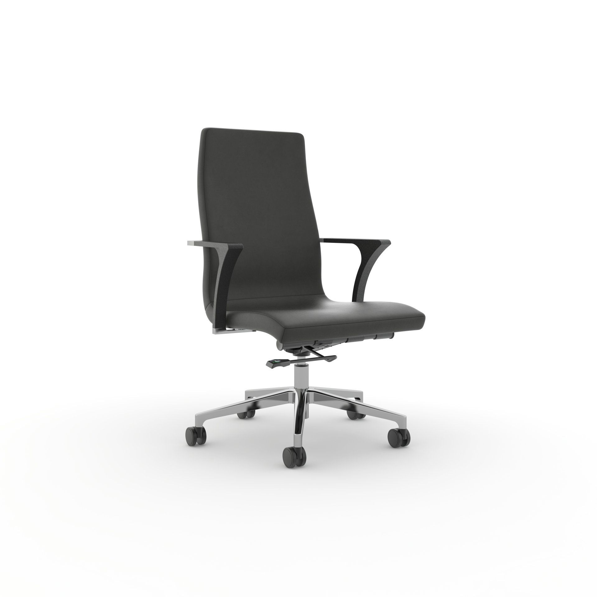 A black office chair with wheels on a white background.