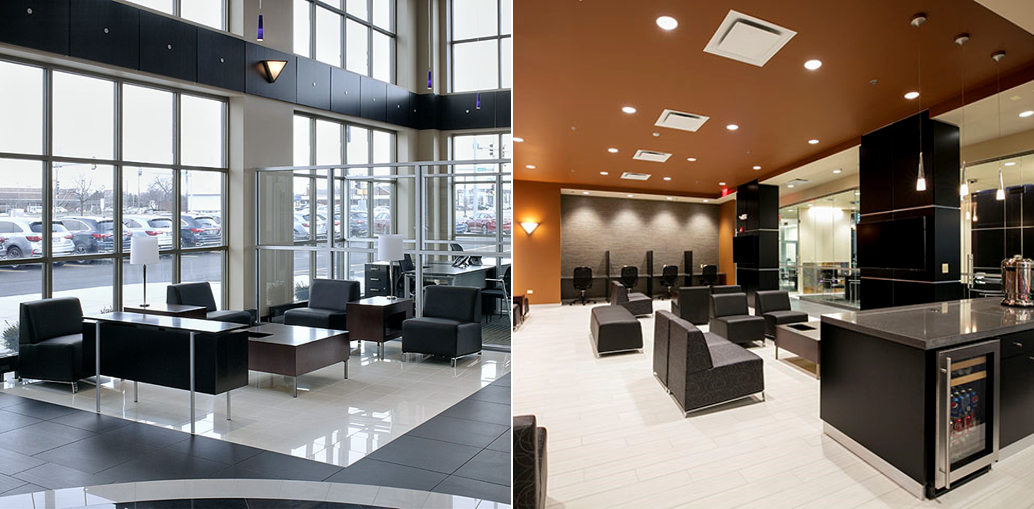 A picture of a living room and a picture of a kitchen.