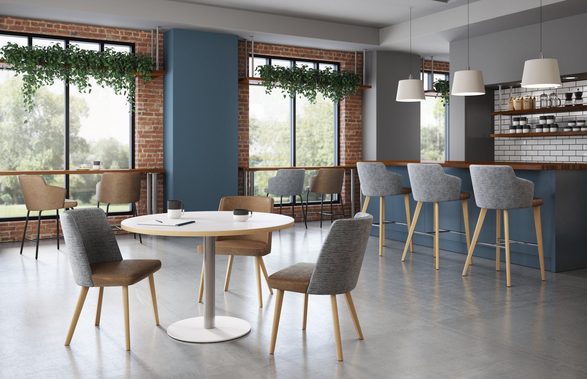 There is a table and chairs in the middle of the room.