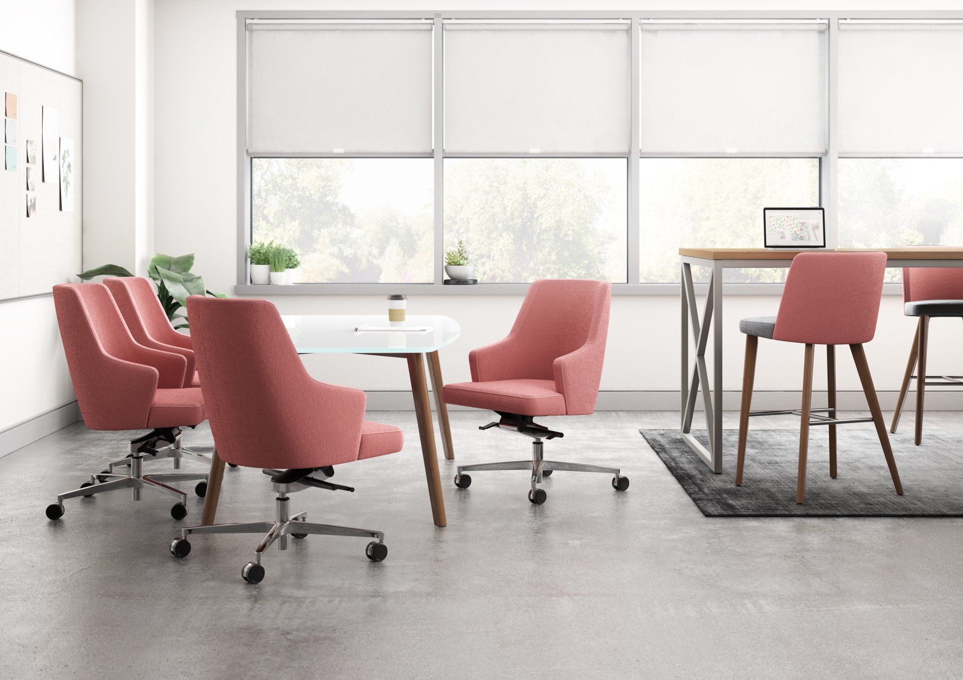 A room with a table and chairs in it.