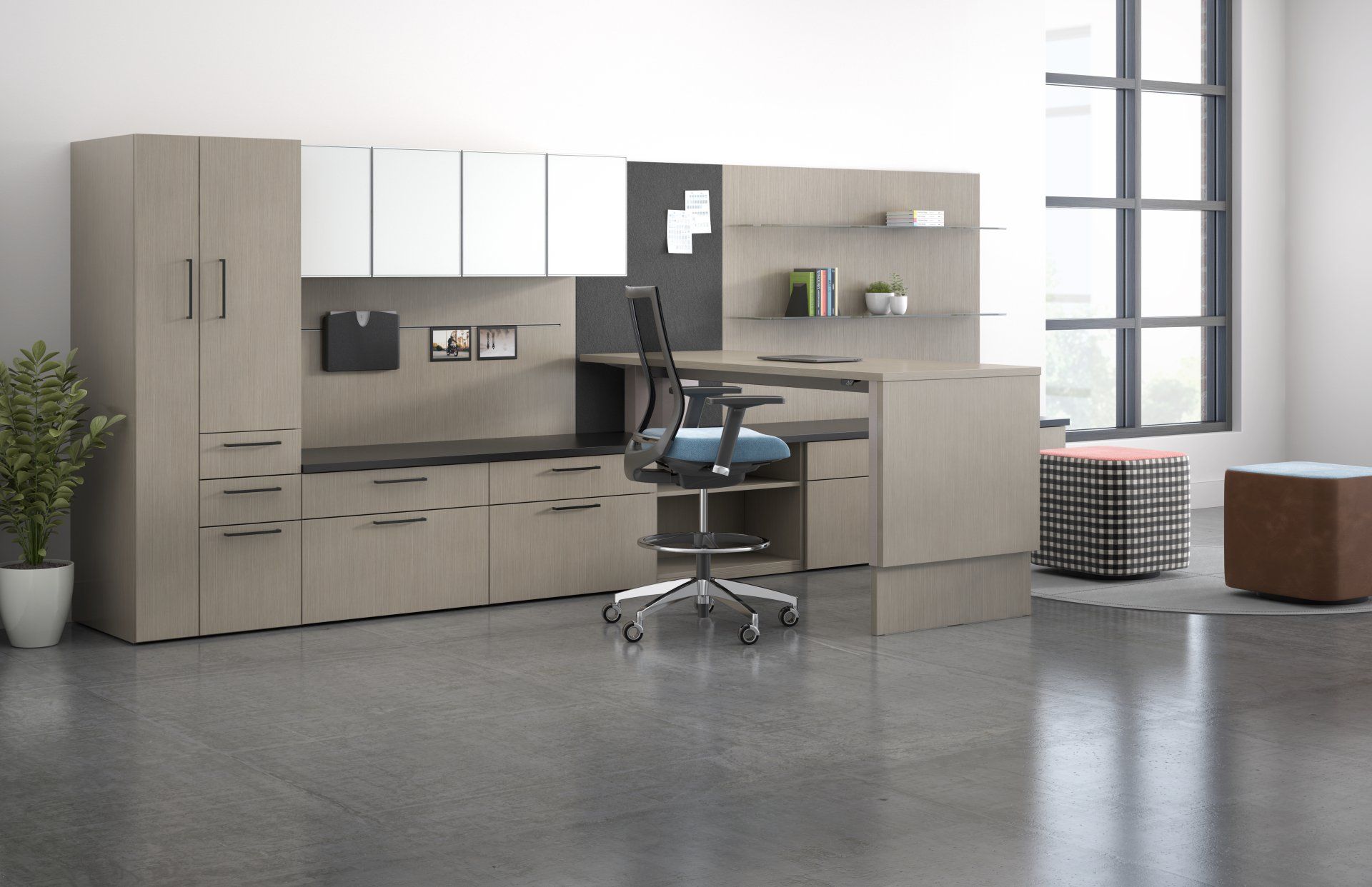 A room with a desk and a chair in it