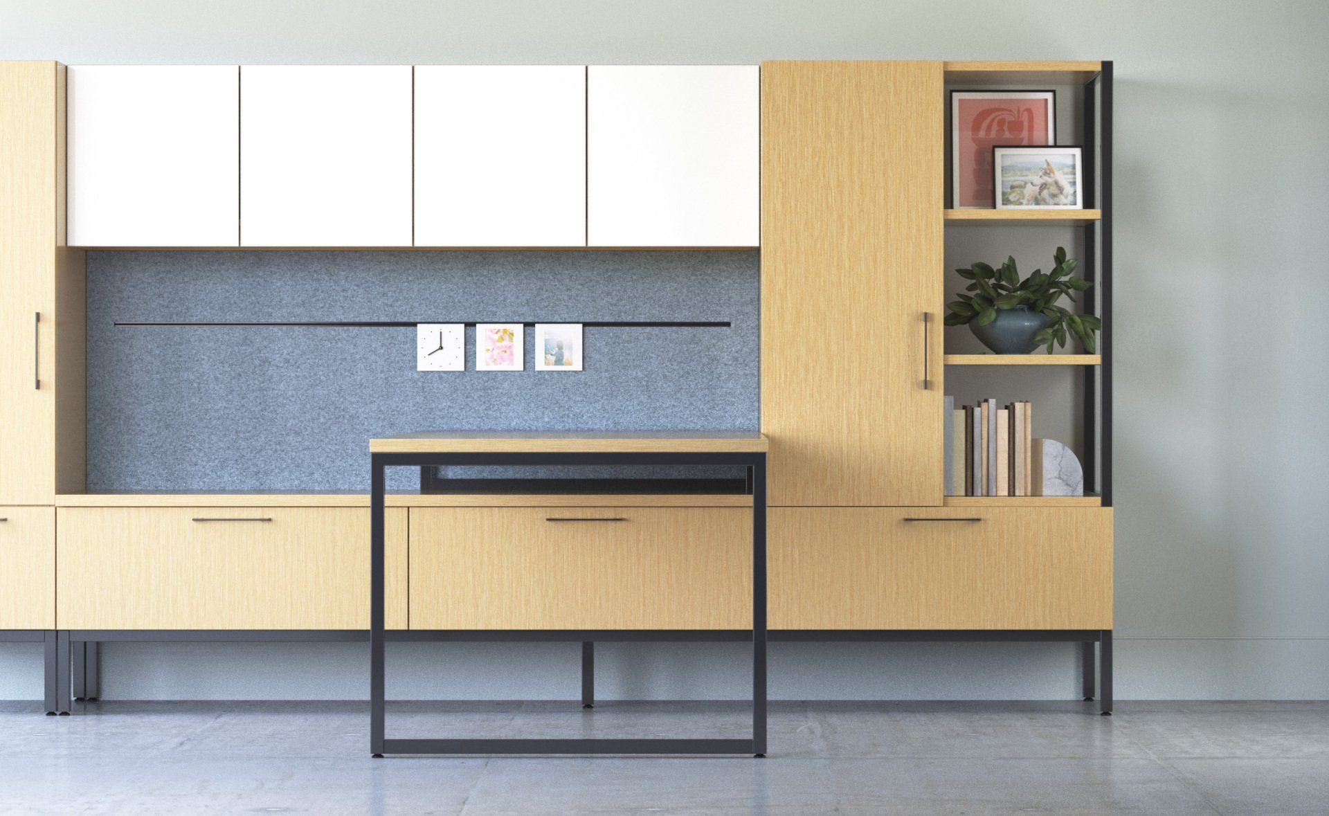 There is a desk in the middle of the room.