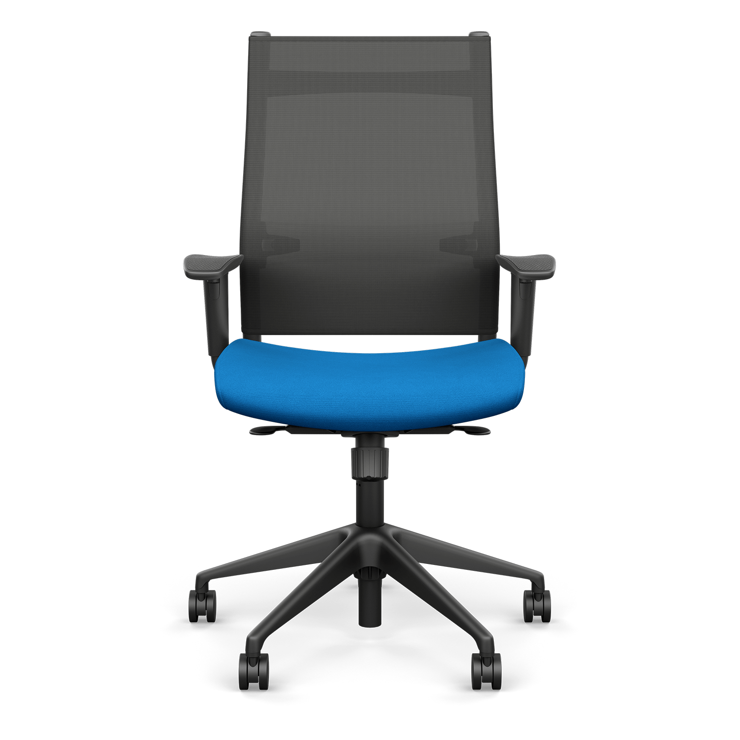 A black office chair with a blue seat on a white background.