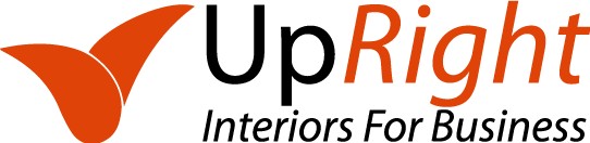 A logo for upright interiors for business with an orange check mark