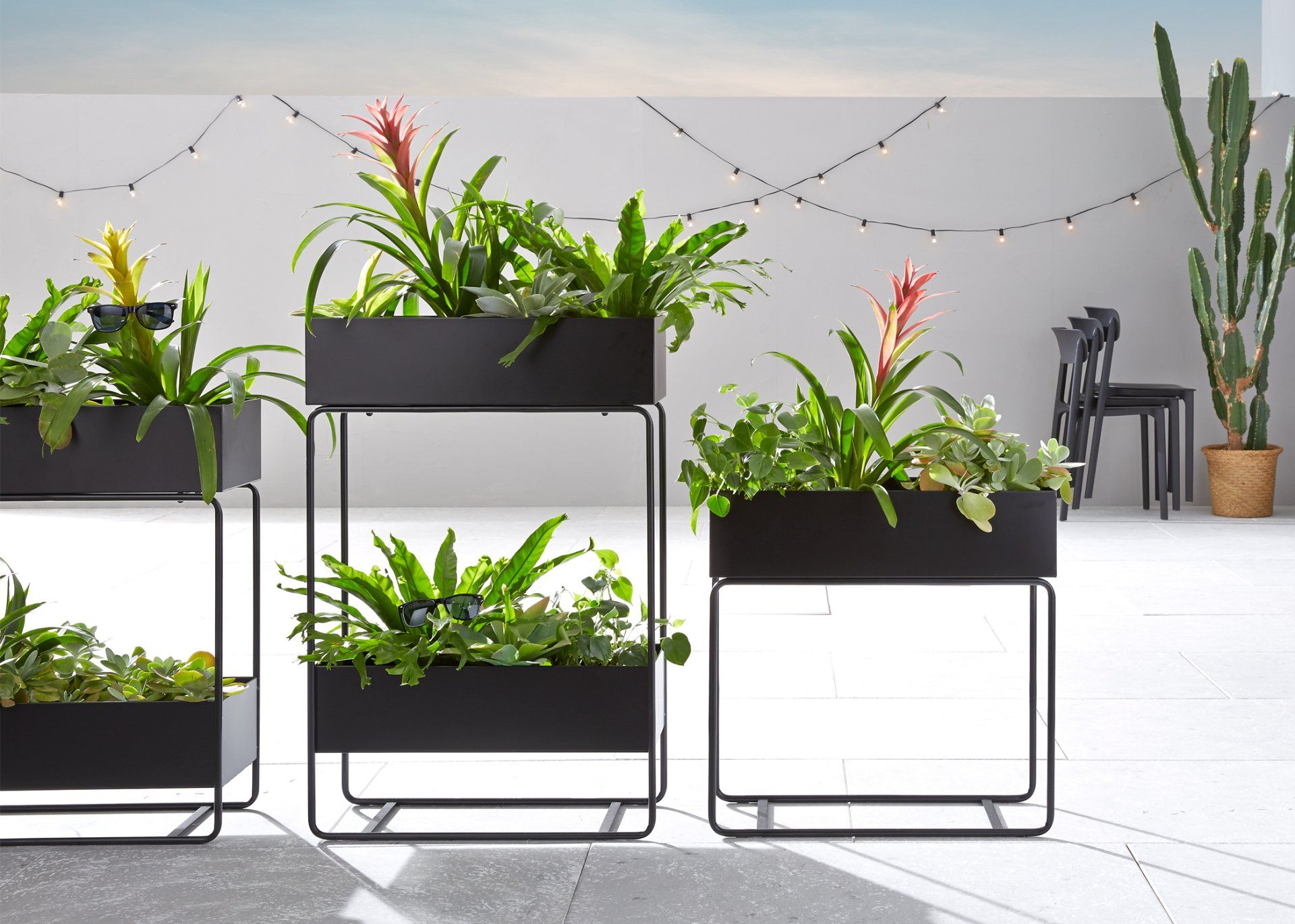 A group of black planters filled with plants on a patio.