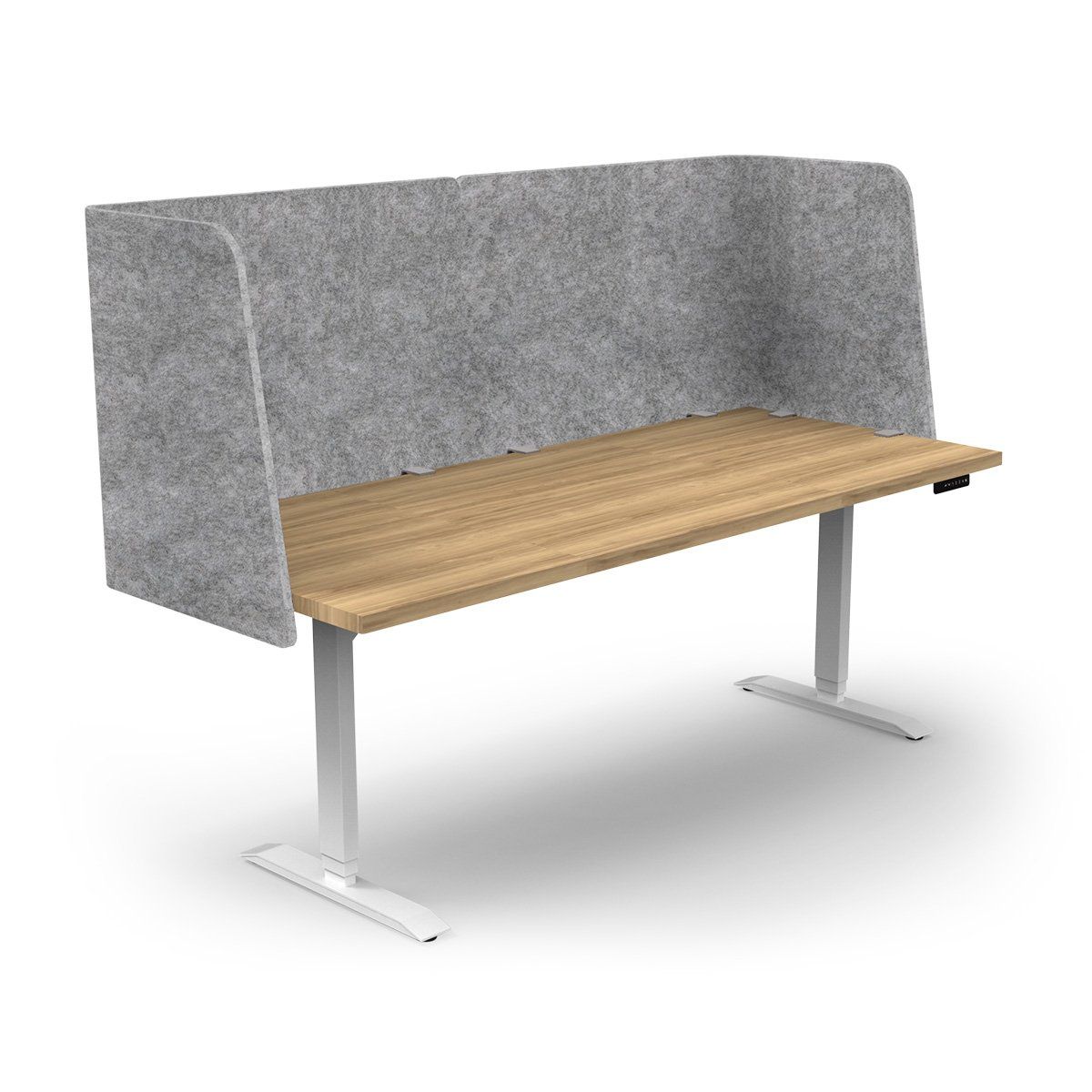 A standing desk with a wooden top and a gray divider.