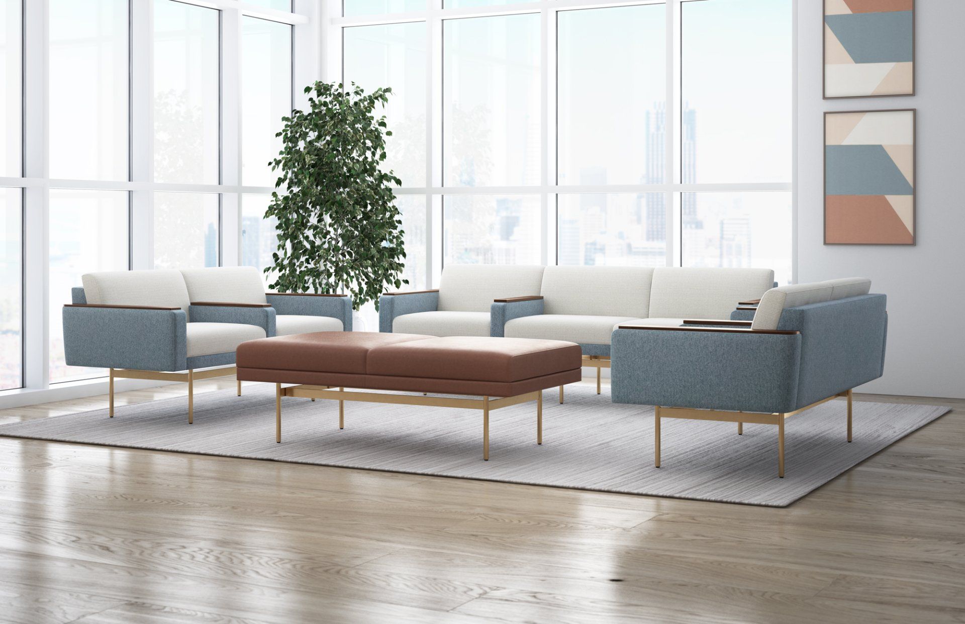 A living room filled with furniture and a large window.