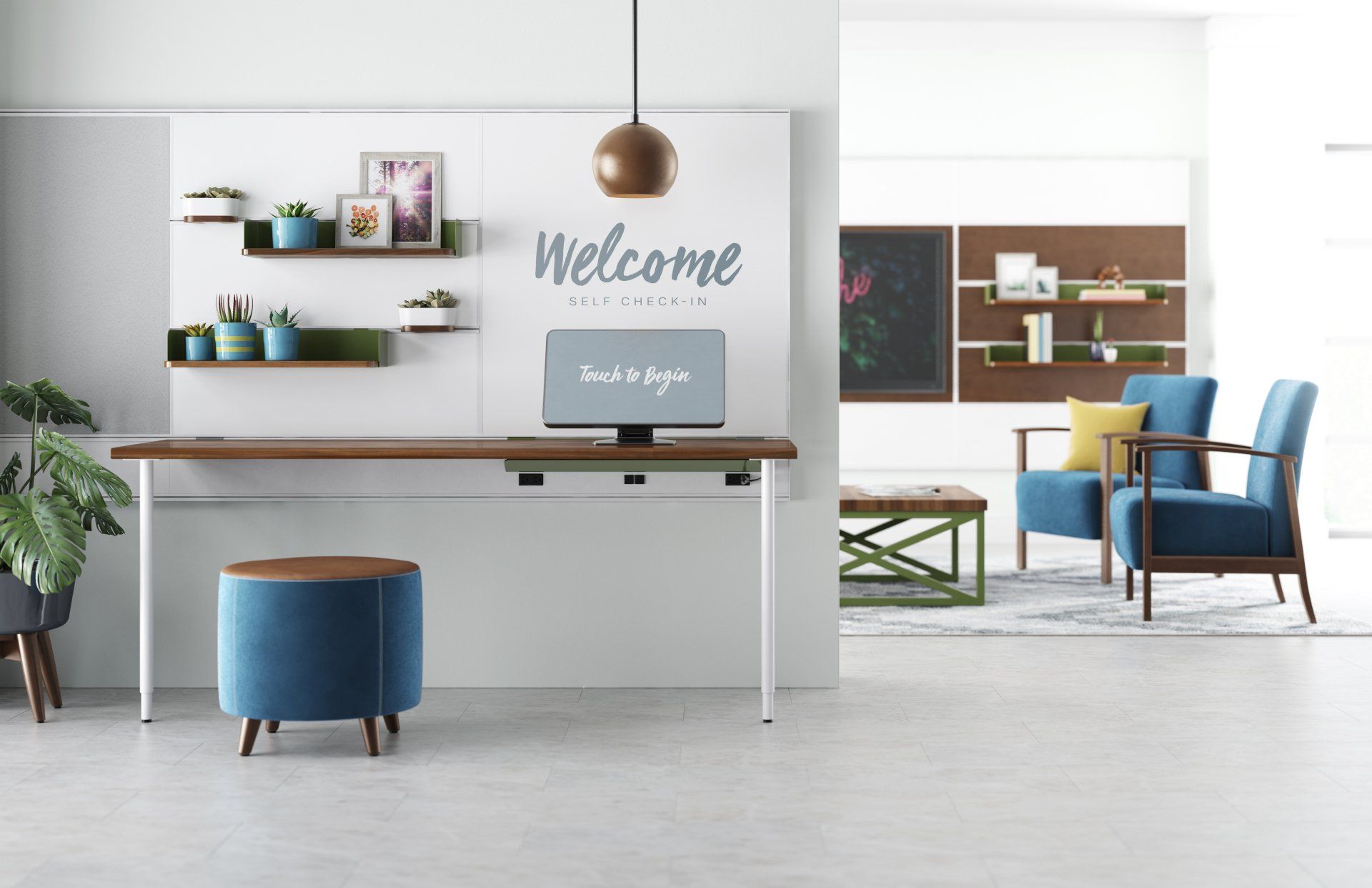 A room with a desk , chairs , and a computer on it.