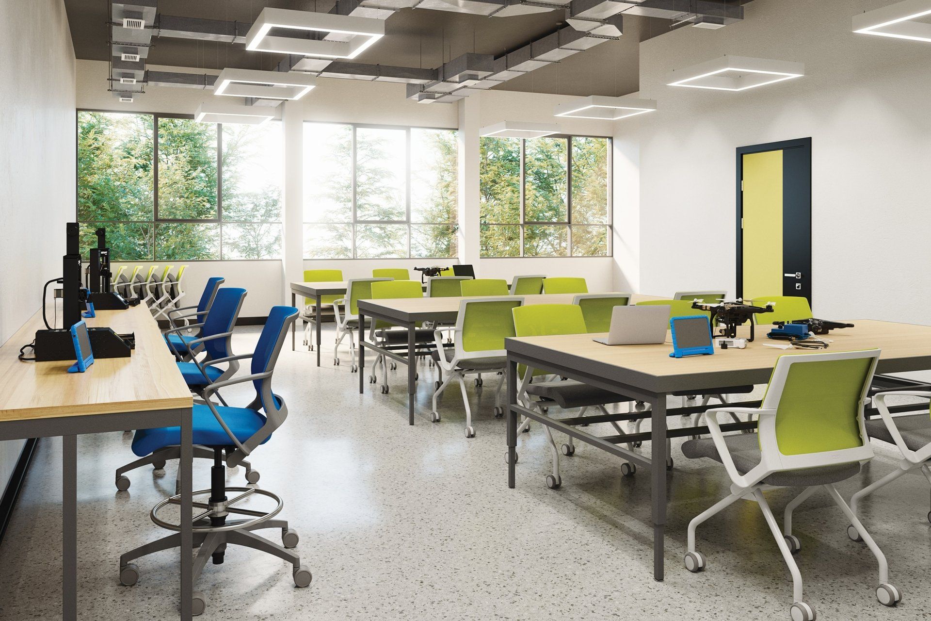 There are many tables and chairs in this room.