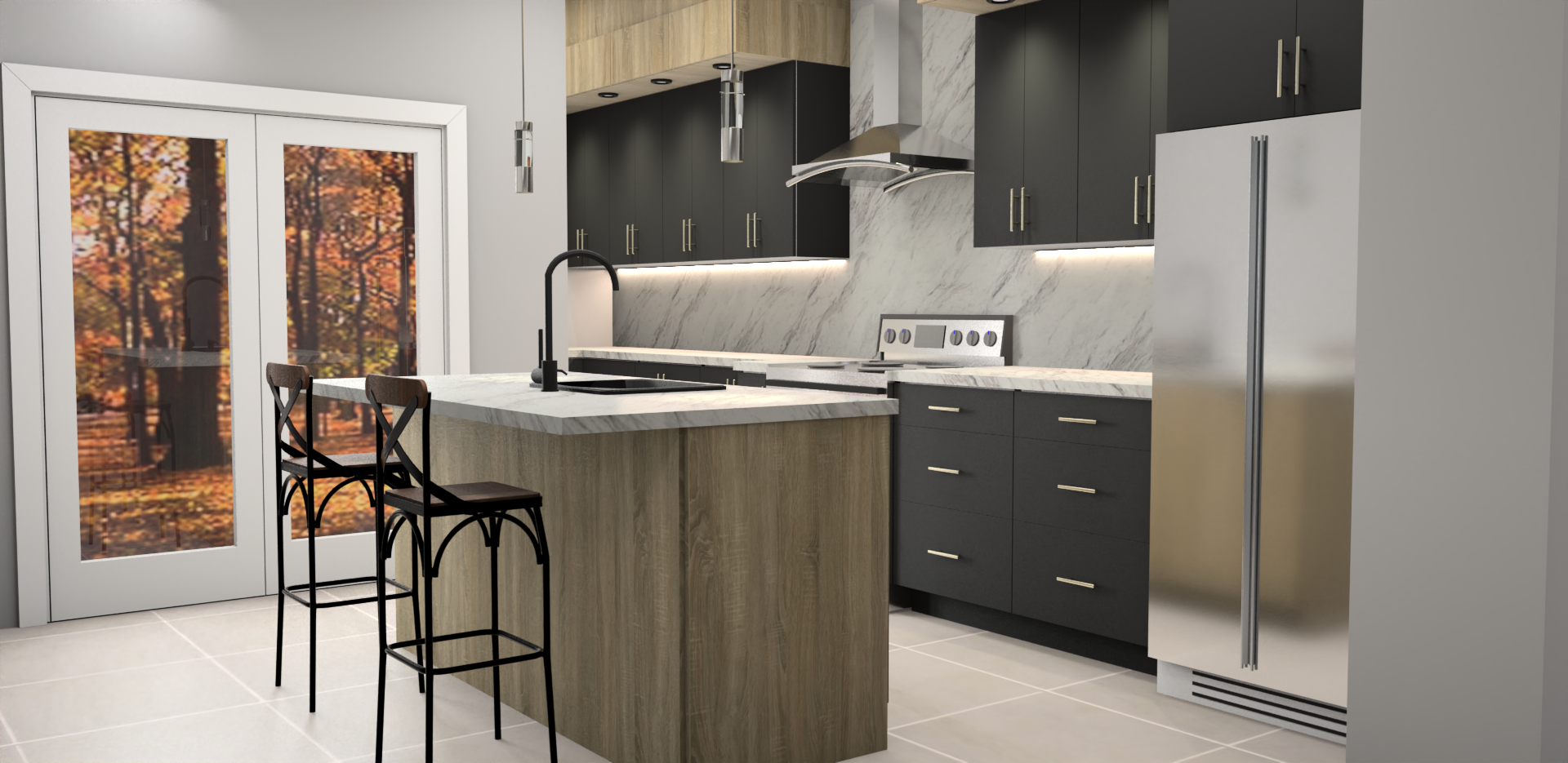 Une cuisine avec électroménagers en acier inoxydable, armoires en bois et un grand îlot.