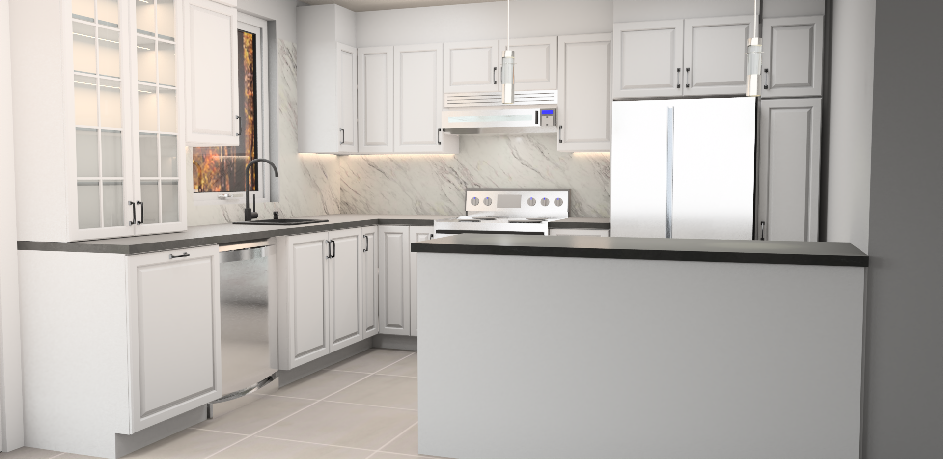 Une cuisine avec des armoires blanches, un réfrigérateur, une cuisinière et un évier.